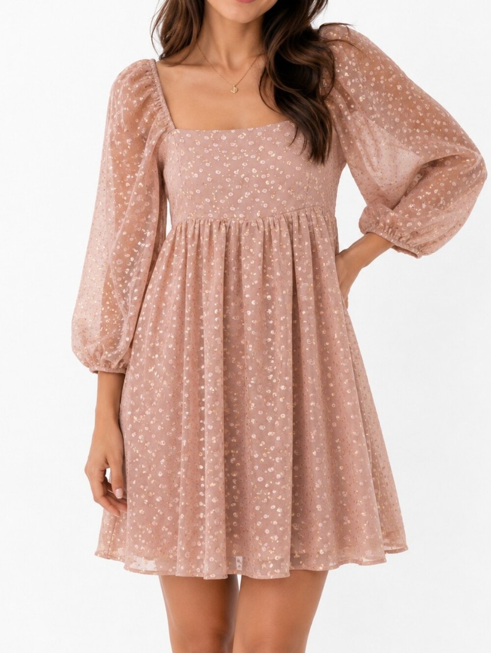 Storia Blush Pink Mini Dress with Gold Accents Sz Small Babydoll Puff Sleeves